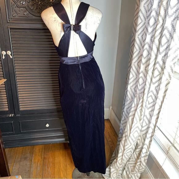 90s Vintage De Laru Linda Bernell Velvet Gown‎ Front Slit Bow Rhinestone 5/6 - Picture 7 of 16